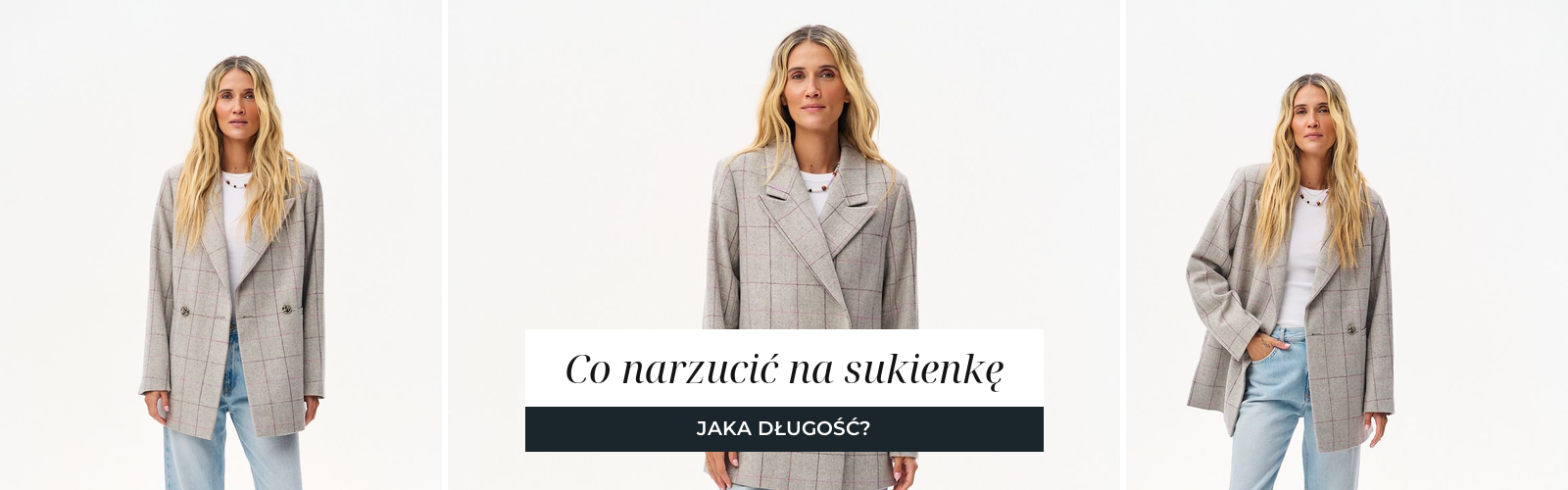 Marynarka z wełny w delikatną kratę jako okrycie na jesienne dni, ujęcia studyjne