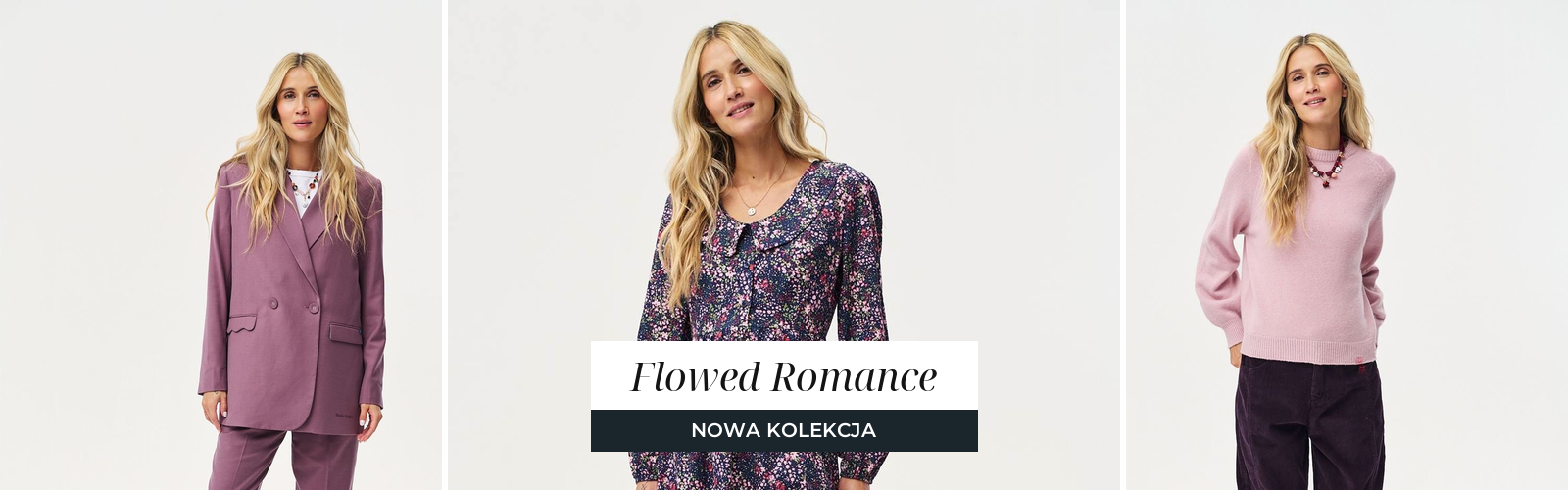 Kolekcja Flowed Romance: fioletowy garnitur, granatowa sukienka midi w drobne kwiaty i pudrowy sweter z kaszmirem do sztruksowych spodni.