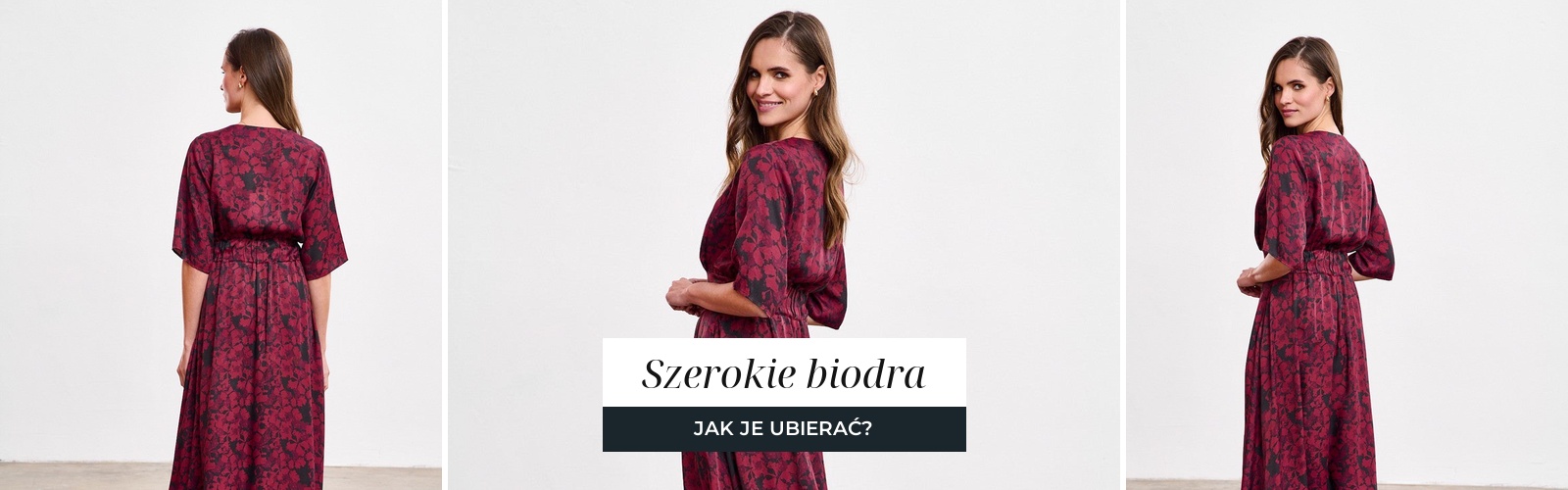 Kobieta w bordowej sukience midi rozszerzanej od talii, fason równoważący proporcje bioder.