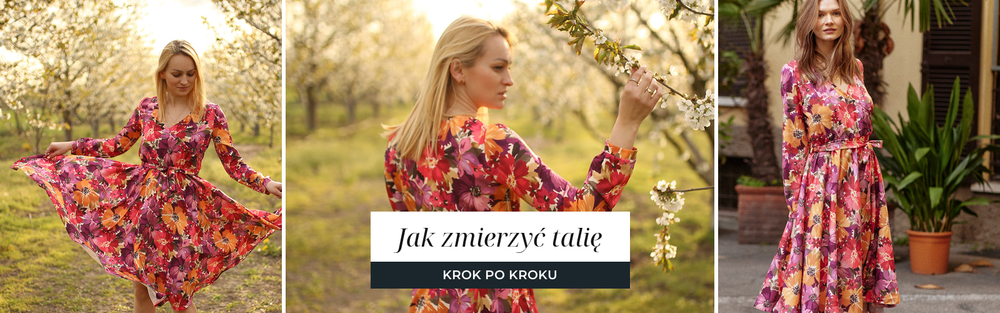 Kobieta w taliowanej sukience podkreślającej linię talii, baner poradnika krok po kroku o mierzeniu obwodu talii.