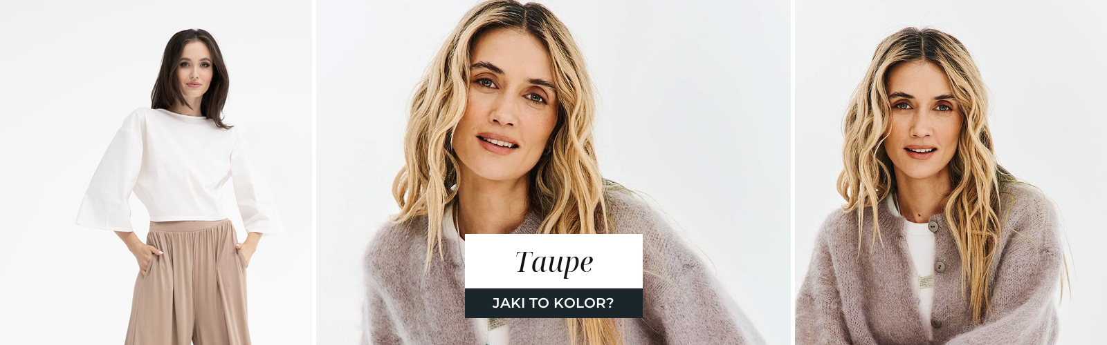 Kardigan moherowy i szerokie spodnie w kolorze taupe, ujęcia studyjne na białym tle