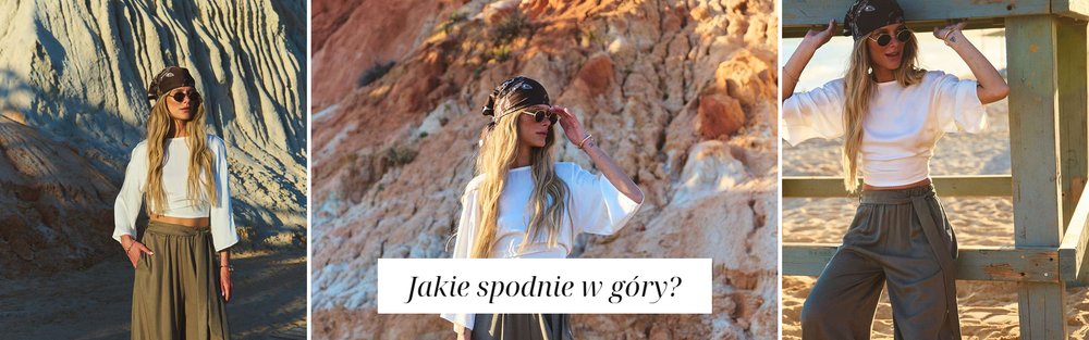 Khaki szerokie spodnie w plenerze, wygodna stylizacja na wyjazd.