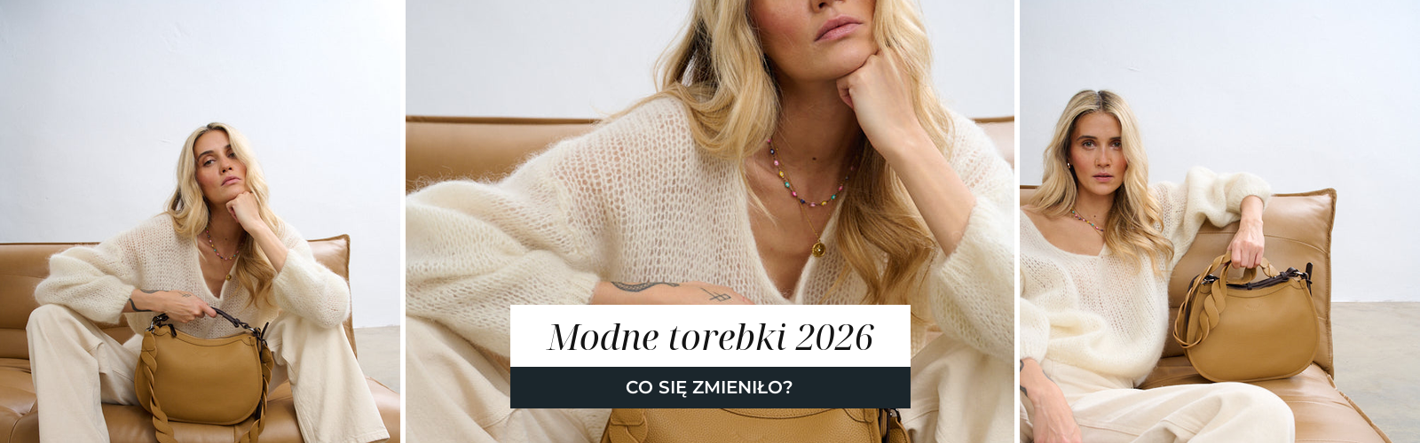 Kobieta w kremowej dzianinie z karmelową skórzaną torebką typu hobo z plecionym paskiem.