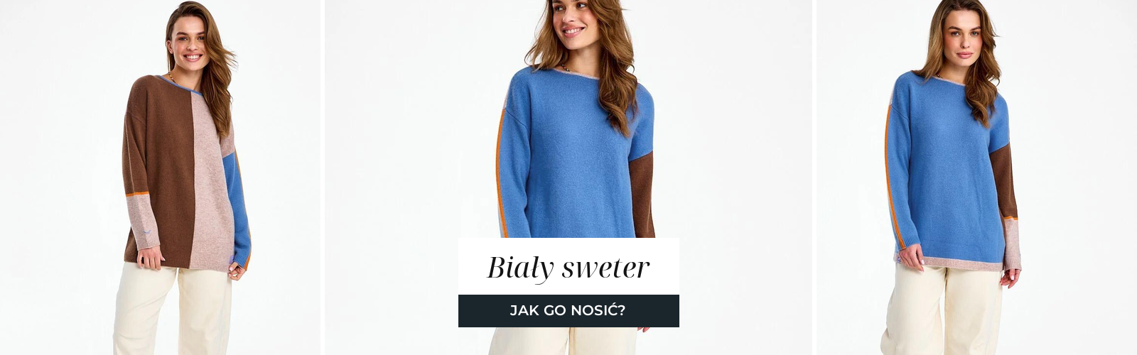 Kobieta w dwustronnym swetrze w jasnym odcieniu, miękki splot dzianiny.