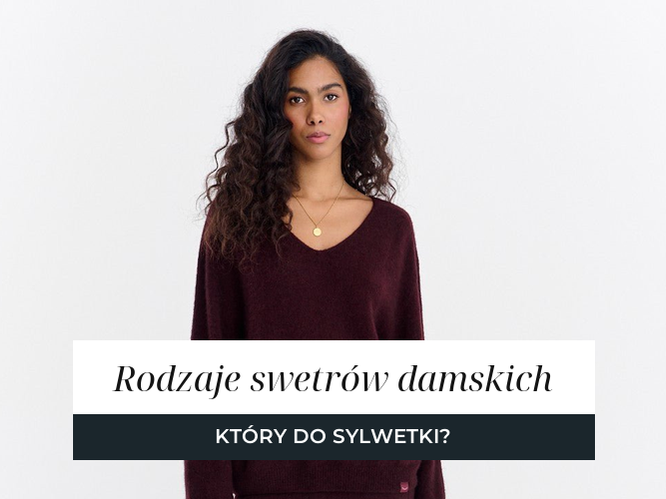 Trzy swetry na białym tle: czekoladowy wełniany golf, bordowy sweter z dekoltem w serek i fioletowy puszysty golf oversize
