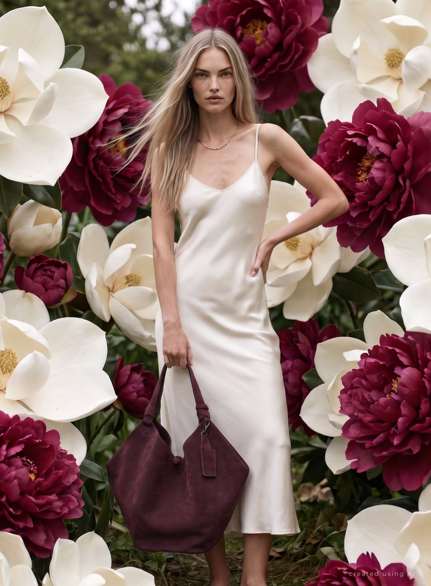 Modelka wśród magnolii z burgundową torbą Naoko Bags